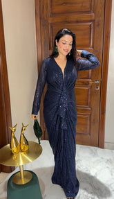 Blue front draping dress